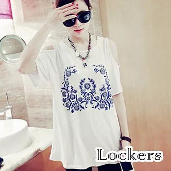 【Lockers 木櫃】韓版復古抽象花紋寬鬆露肩T恤(三色任選)白色