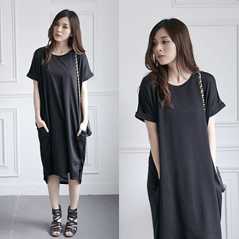 ROSE。簡單素面寬鬆長洋裝 黑系