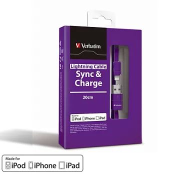 威寶 Verbatim 蘋果 Apple Lightning 8pins 傳輸/充電線(扁線)(20CM)-紫x1