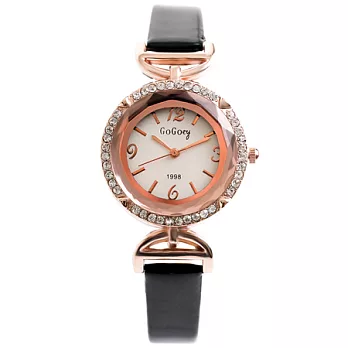 Watch-123 浪漫吻鑽-玫瑰金寶石層次切割面腕錶-白x黑色帶