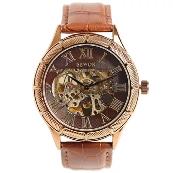 Watch-123 Sewor-古典工藝鏤空機械腕錶 (褐色帶x褐)