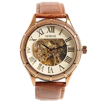 Watch-123 Sewor-古典工藝鏤空機械腕錶 (褐色帶x白)