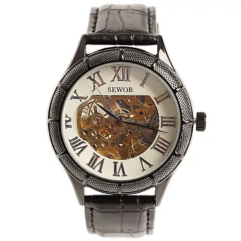 Watch-123 Sewor-古典工藝鏤空機械腕錶 (黑色帶x白)