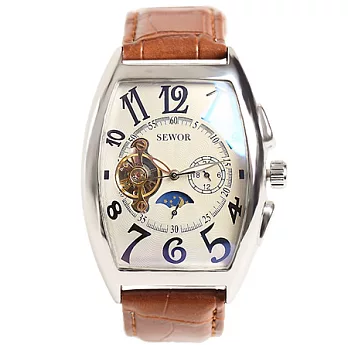 Watch-123 Sewor-強者天下酒桶型日月相機械腕錶 (褐色帶)
