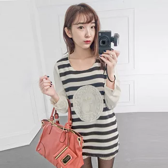 ROSE。浪漫珍珠橫條洋裝 黑白條