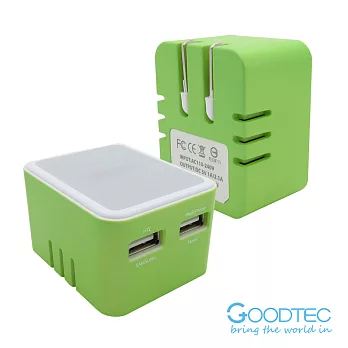 Goodtec-AC轉2Port USB收納轉接頭(3.1A) - 四色時尚綠