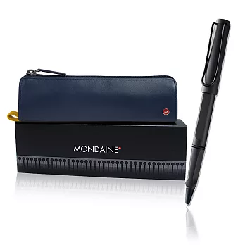 Mondaine 瑞士國鐵皮革筆袋(藍)+LAMY Safari 鋼珠筆黑