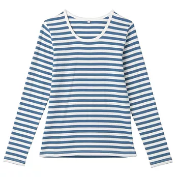 [MUJI 無印良品]女有機棉混彈性圓領長袖T恤M藍橫紋