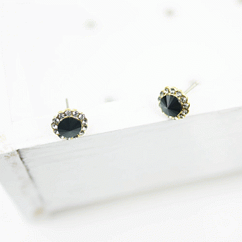 【PinkyPinky Boutique】小經典圓形花朵水鑽耳環(黑色)