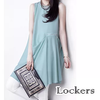 【Lockers 木櫃】不規則雪紡拉鏈無袖A字長版T/洋裝/連身裙(三色任選)綠色