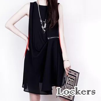 【Lockers 木櫃】不規則雪紡拉鏈無袖A字長版T/洋裝/連身裙(三色任選)黑色