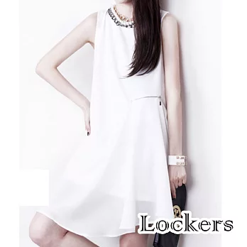 【Lockers 木櫃】不規則雪紡拉鏈無袖A字長版T/洋裝/連身裙(三色任選)白色