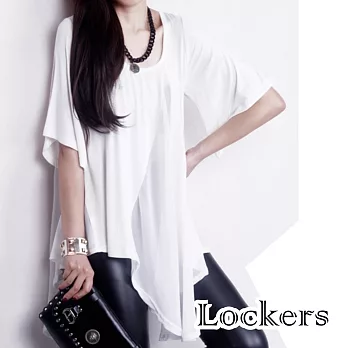 【Lockers 木櫃】雪紡拼接歐美長款寬鬆短袖上衣/洋裝/連身裙(二色任選)白色
