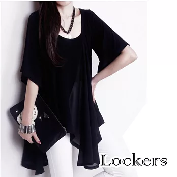 【Lockers 木櫃】雪紡拼接歐美長款寬鬆短袖上衣/洋裝/連身裙(二色任選)黑色