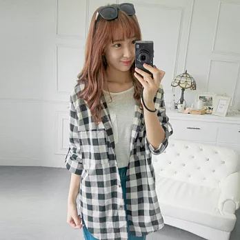 ROSE。韓版格子口袋長版襯衫外套黑系