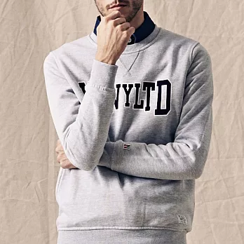 【CACO】NAVY-NAVY燙絨大學圓領長T-男S麻灰