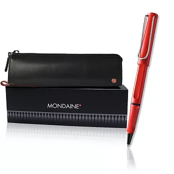 Mondaine 瑞士國鐵皮革筆袋(黑)+LAMY Safari 鋼珠筆-紅