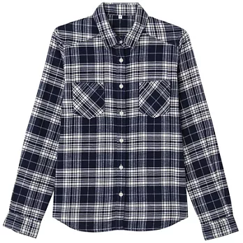 [MUJI 無印良品]女有機棉法蘭絨窄版合身襯衫S暗藍格紋