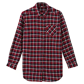 [MUJI 無印良品]女有機棉法蘭絨長版衫S暗紅格紋