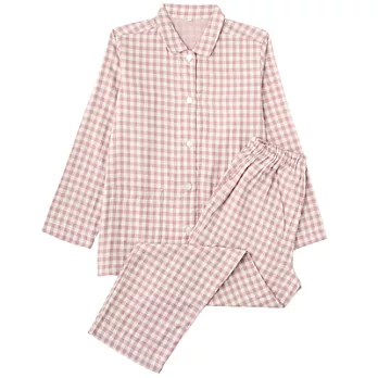 [MUJI 無印良品]女有機棉二重紗織家居睡衣L粉紅格紋