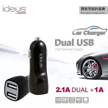 ideus 雙USB 1A+2.1A 車用充電器 黑