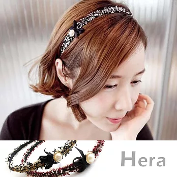 【Hera】赫拉 緞帶蝴蝶結珍珠毛線編織頭箍/髮箍(二色任選)紅色