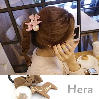 【Hera】赫拉 緞帶蝴蝶結墜木馬大珍珠髮圈/髮束(三色任選)咖啡色