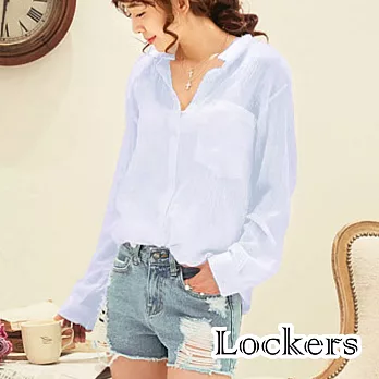 【Lockers 木櫃】清新透感棉質大口袋長袖上衣/襯衫(二色任選)藍色