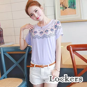 【Lockers 木櫃】幾何圖紋民族風T恤/上衣(三色任選)紫色