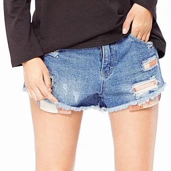 【CACO】抓破拼布牛仔短褲-女S海軍藍