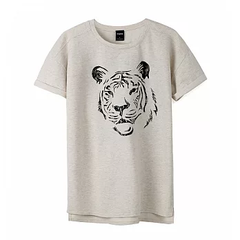 【CACO】蕾絲簍空老虎長版寬短T-女FREE米麻灰