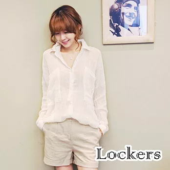 【Lockers 木櫃】防曬雙口袋輕薄棉麻上衣/襯衫(白色)
