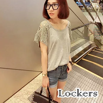 【Lockers 木櫃】鏤空雕花拼接綿質短袖T恤/上衣(灰色)