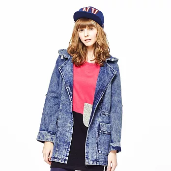 【CACO】連帽長版雪花牛仔外套-女FREE淺藍