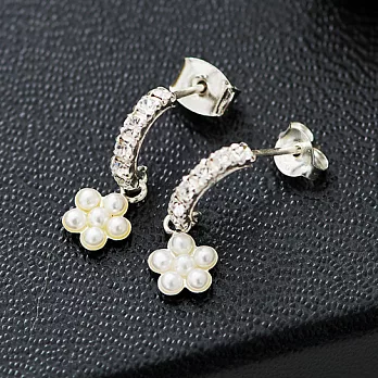 【安珂ECO正韓飾品】晶鑽C圈墜珍珠小花 925純銀耳環