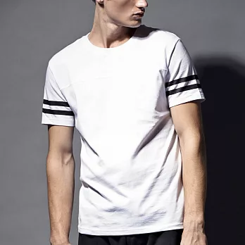 【CACO】ST-數字00條紋袖短T-男S白