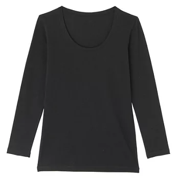 [MUJI 無印良品]女棉混羊毛彈性保暖U領九分袖衫S黑色