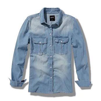 【CACO】百搭牛仔長袖襯衫-女S藍色