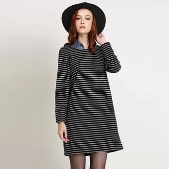 【GIVORS】可拆襯衫領條紋連身裙M黑