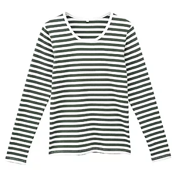 [MUJI 無印良品]女有機棉混彈性圓領長袖T恤S煙燻綠橫紋
