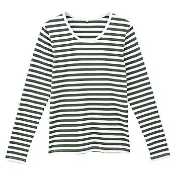 [MUJI 無印良品]女有機棉混彈性圓領長袖T恤M煙燻綠橫紋