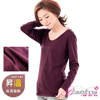 BeautyFocus台灣製女吸濕保暖發熱衣(圓領款)3833素面紫紅色L