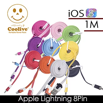 Coolive Apple Lightning 8Pin 1公尺 彩色麵條資料傳輸充電線黑色