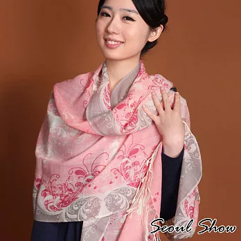 Seoul Show 雲卷波舞 花色長鬚羊毛圍巾 粉紅