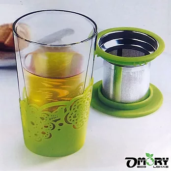 【OMORY】不鏽鋼濾網雙層耐熱玻璃杯350ML(附蓋)-綠色