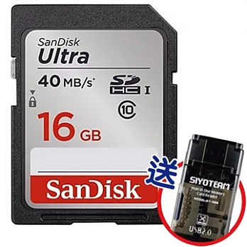 SanDisk Ultra SDHC Class10 16GB記憶卡送風格黑讀卡機(SY-568)40MB/s