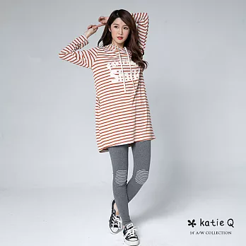 【KatieQ】休閒條紋長版帽T(3色)-FREEFREE桔色
