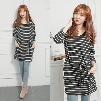 ROSE。甜美小露肩腰繩條紋洋裝 黑系