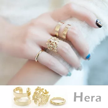 【Hera】赫拉 鏤空樹葉線條金色開口戒/關節戒/尾戒(三件組)