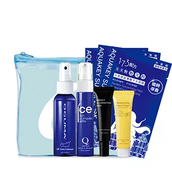 OGUMA水美媒 基礎保濕旅行組(Q ICE30ml X 1+173水美媒隨身瓶50ml X1+水面膜單片 X3+嫩手霜12ml X1+毛孔7ml X1 加送拉鍊袋)